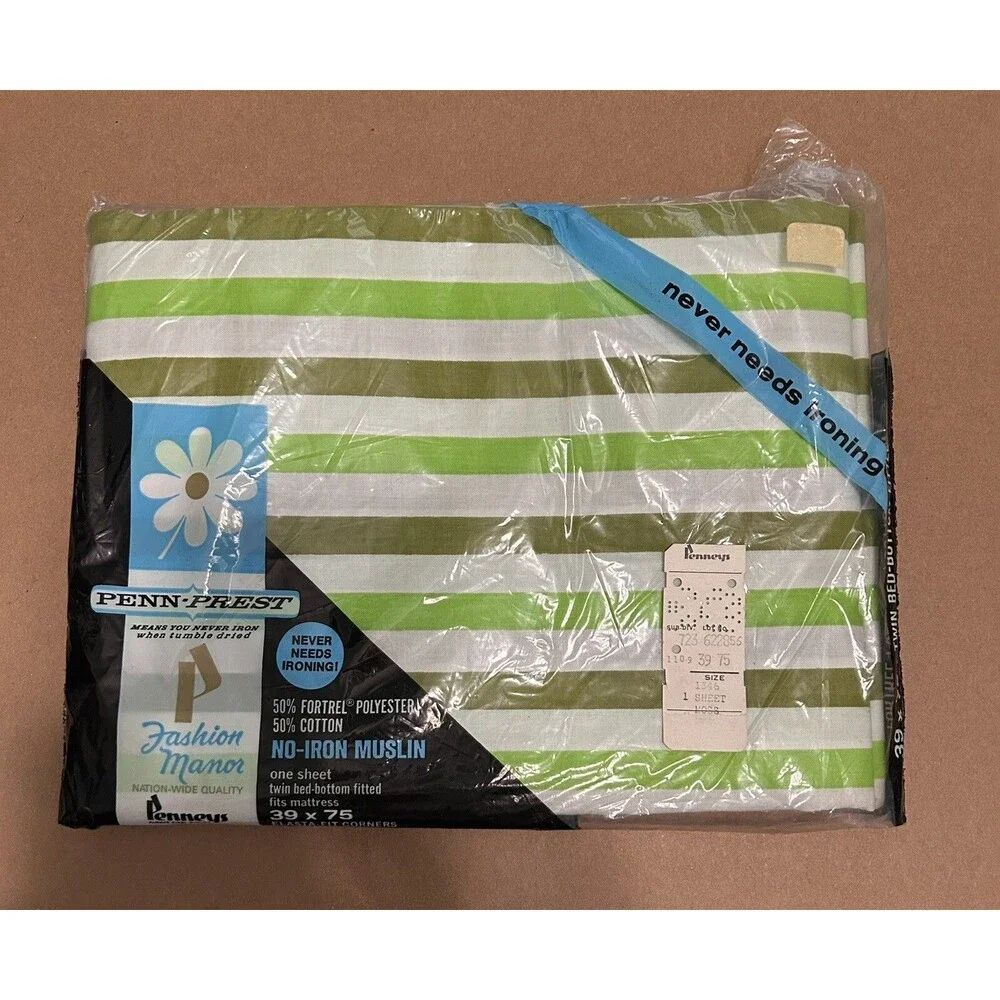 Vintage Penn-Prest JC Penny Fashion Manor Green Striped Full & Flat sheet Muslin